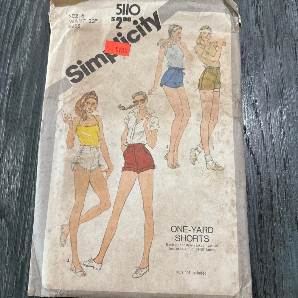 Simplicity 5110 Shorts Shortie Sewing Pattern Ladies 6 UC One Yard VTG 80s NEW